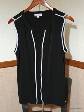 Calvin Klein Women's Black Sleeveless Blouse with White Trim